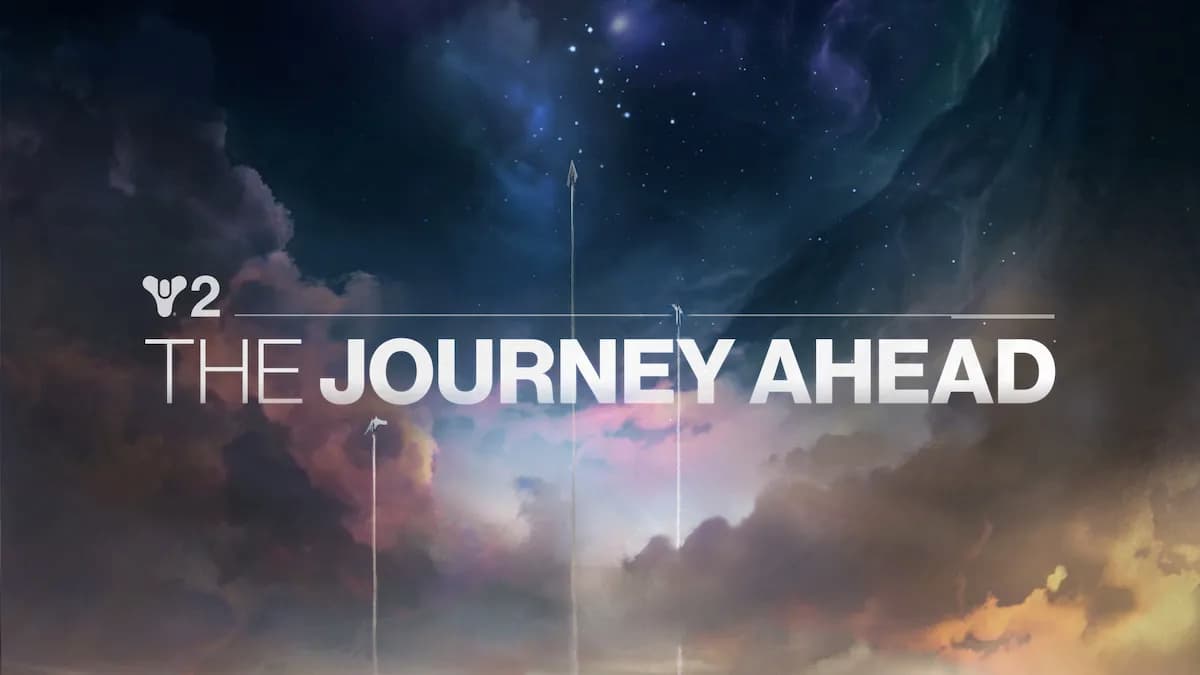 A sky with the Destiny 2 logo and the words "The Journey Ahead" floating over it. Some ships are also flying upward in the picture.