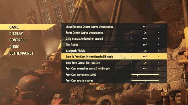 A screenshot of a settings menu in Fallout 76.