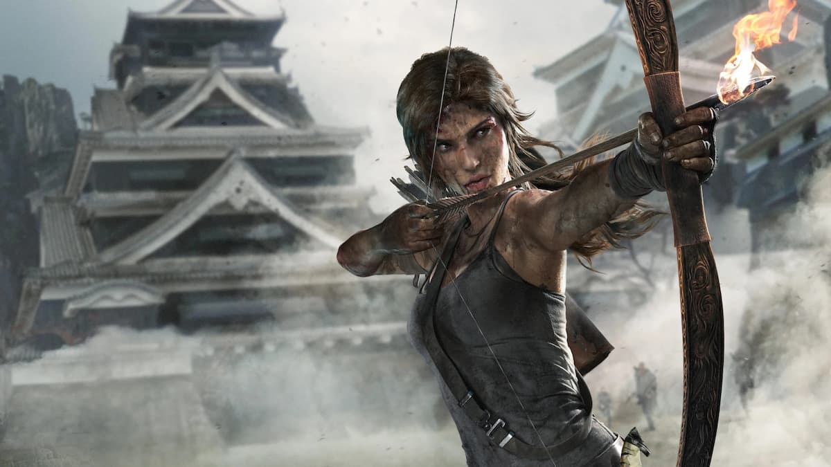 Lara Croft shooting an arrow from her bow.