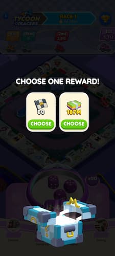 A choice of rewards from Monopoly GO Tycoon Racers race lap milestones