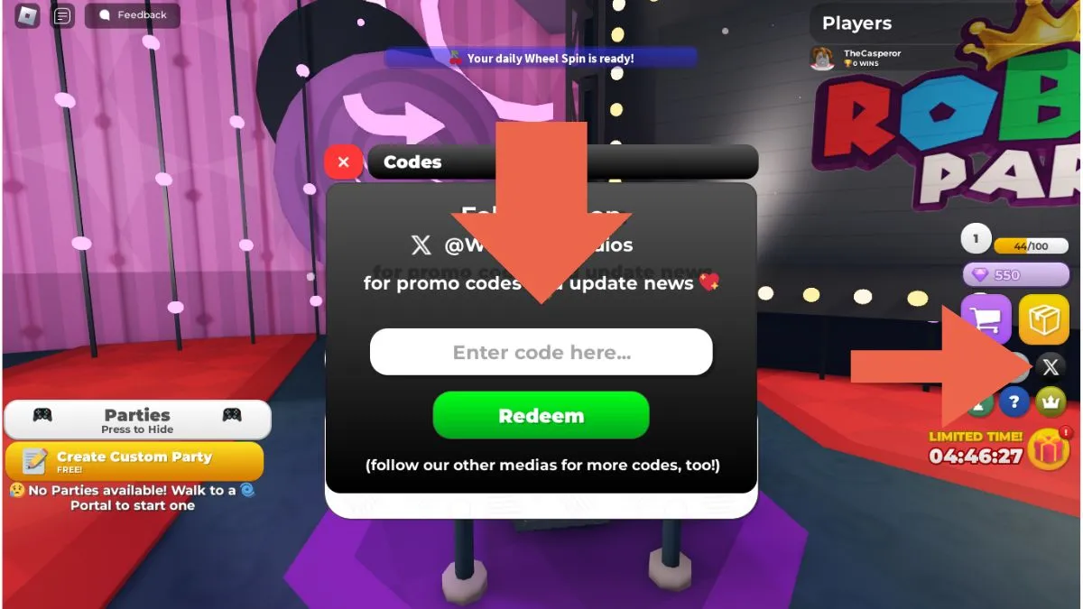 In-game screenshot of where to enter Roblox Party codes and earn freebies.