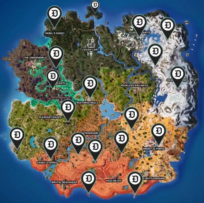 In-game map showcasing NPC locations on the Fortnite map.