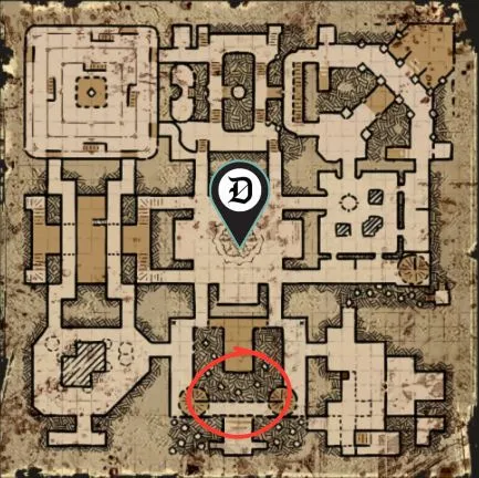 In-game map of the location of spawn for the Ghost King dropping the Skull Key in Dark and Darker.