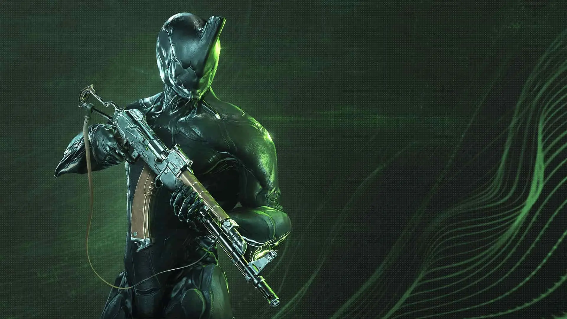 A Warframe character holding the AX-52 Rifle at the ready.