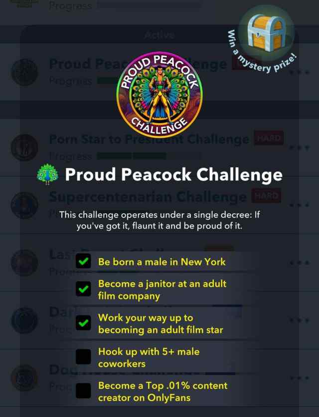 In-game picture of the Proud Peacock challenge in Bitlife.