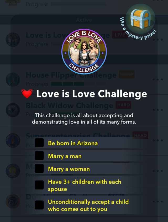 Picture of list of objectives for completing the BitLife’s Love is Love challenge.
