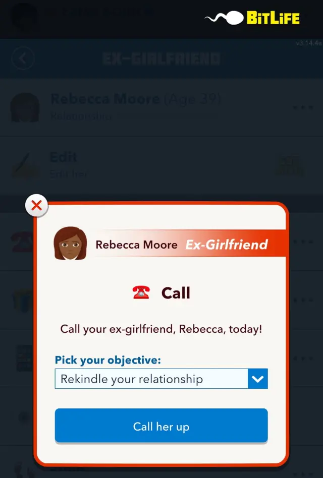 Picture of making a call to your ex to Rekindle your relationship in Bitlife.