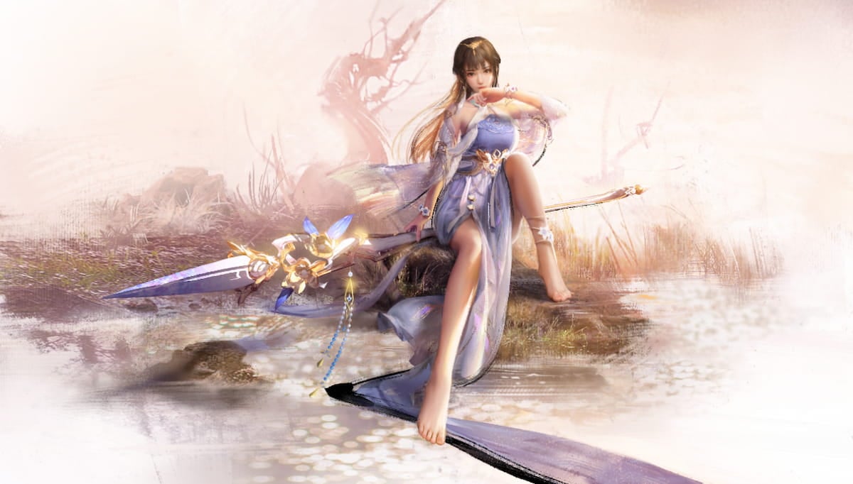 An image of Yiping Zin sitting down with her weapon in Naraka: Bladepoint.