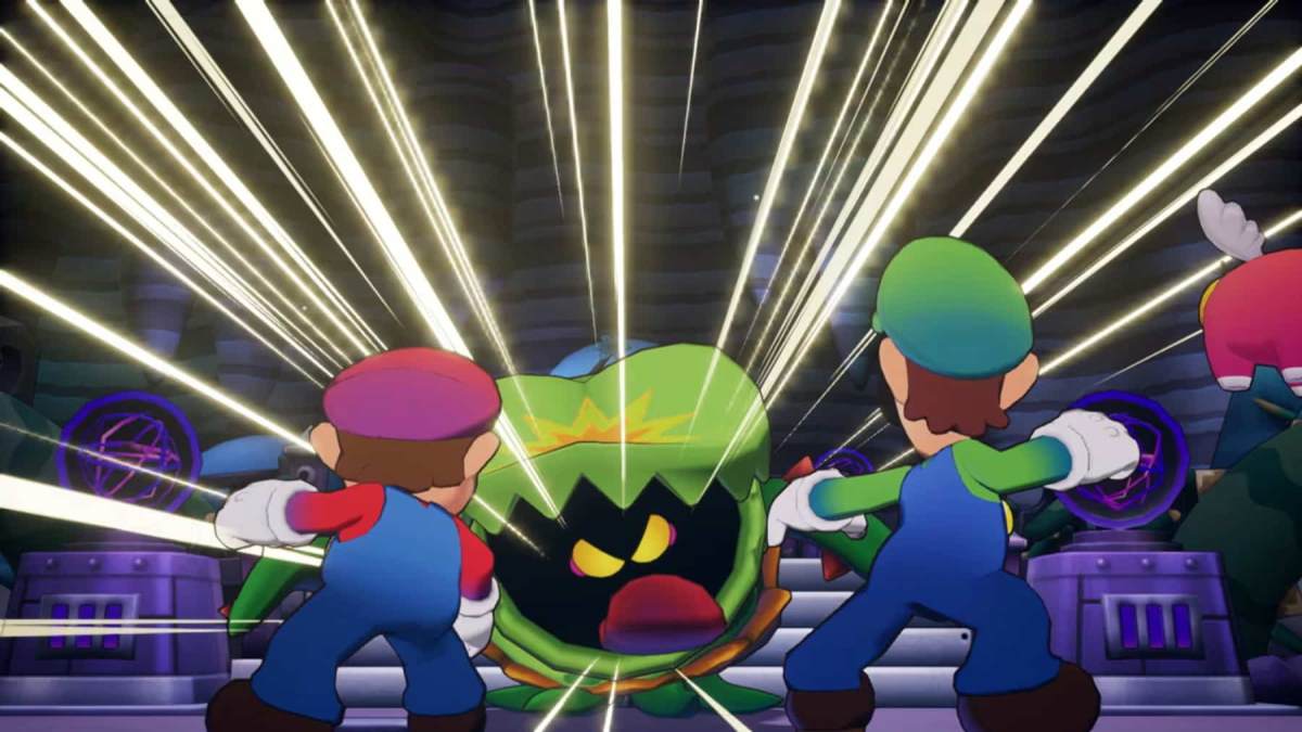 Mario and Luigi face off against a green monster that's sticking its tongue out