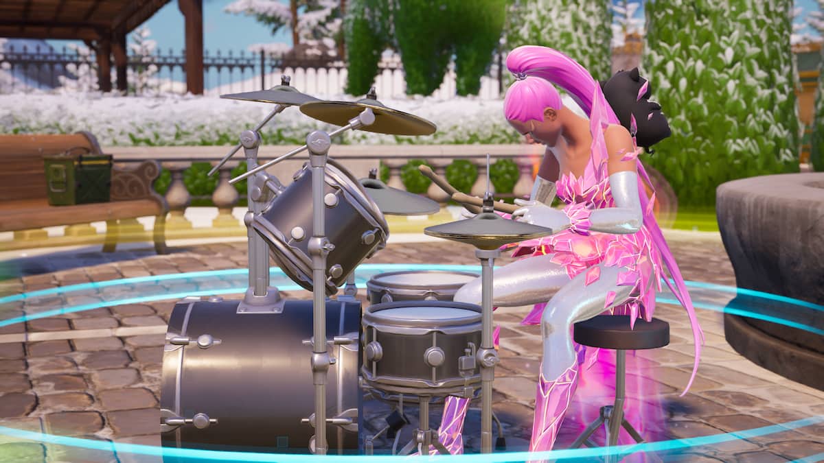 Ariana jamming at a named location in Fortnite.