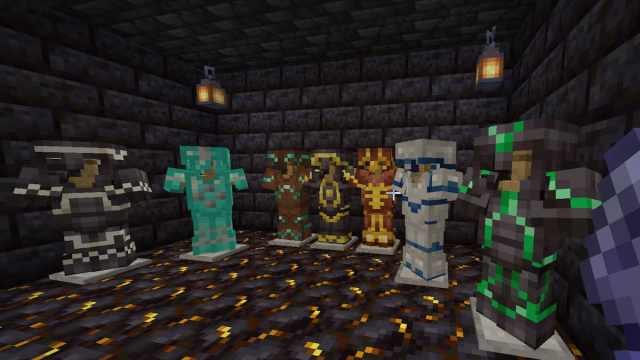 Some armor trims lined up in Minecraft.