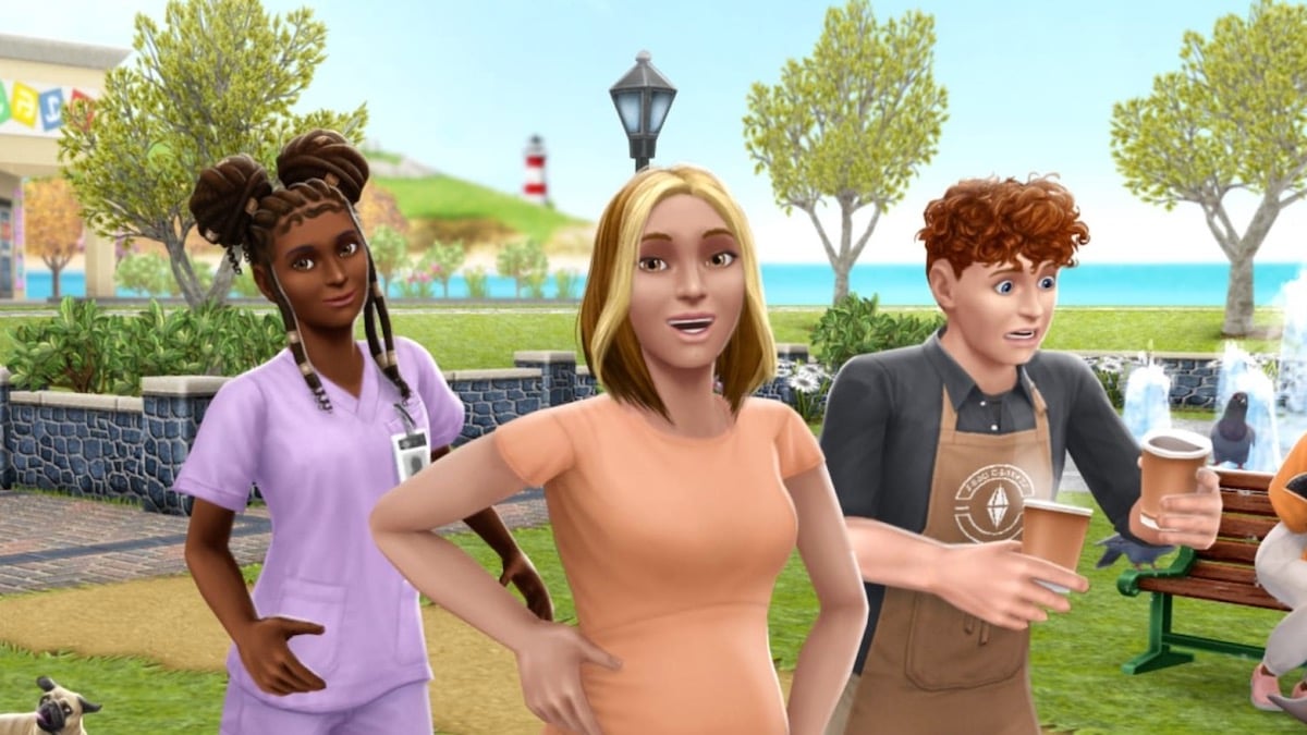 Three Sims characters walking together.