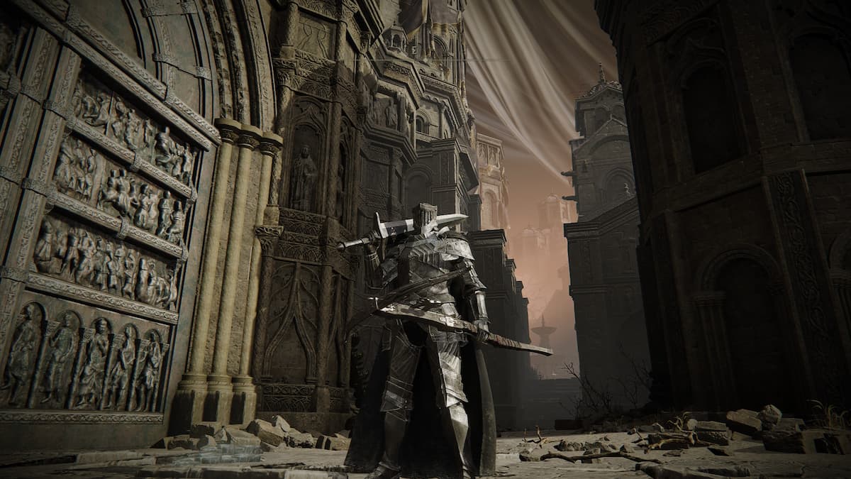 A character wearing the Blackgaol Knight armor set and weapon in Elden Ring Shadow of the Erdtree.