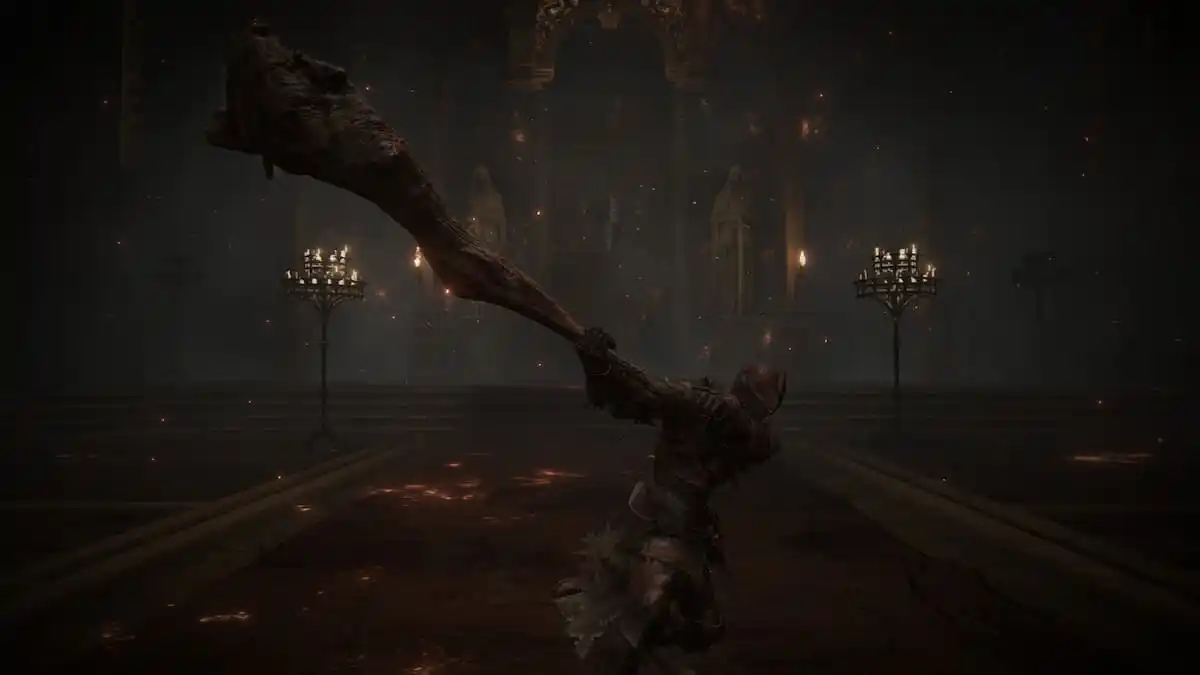 A character swinging the Bloodfiend's Arm weapon in Elden Ring Shadow of the Erdtree.