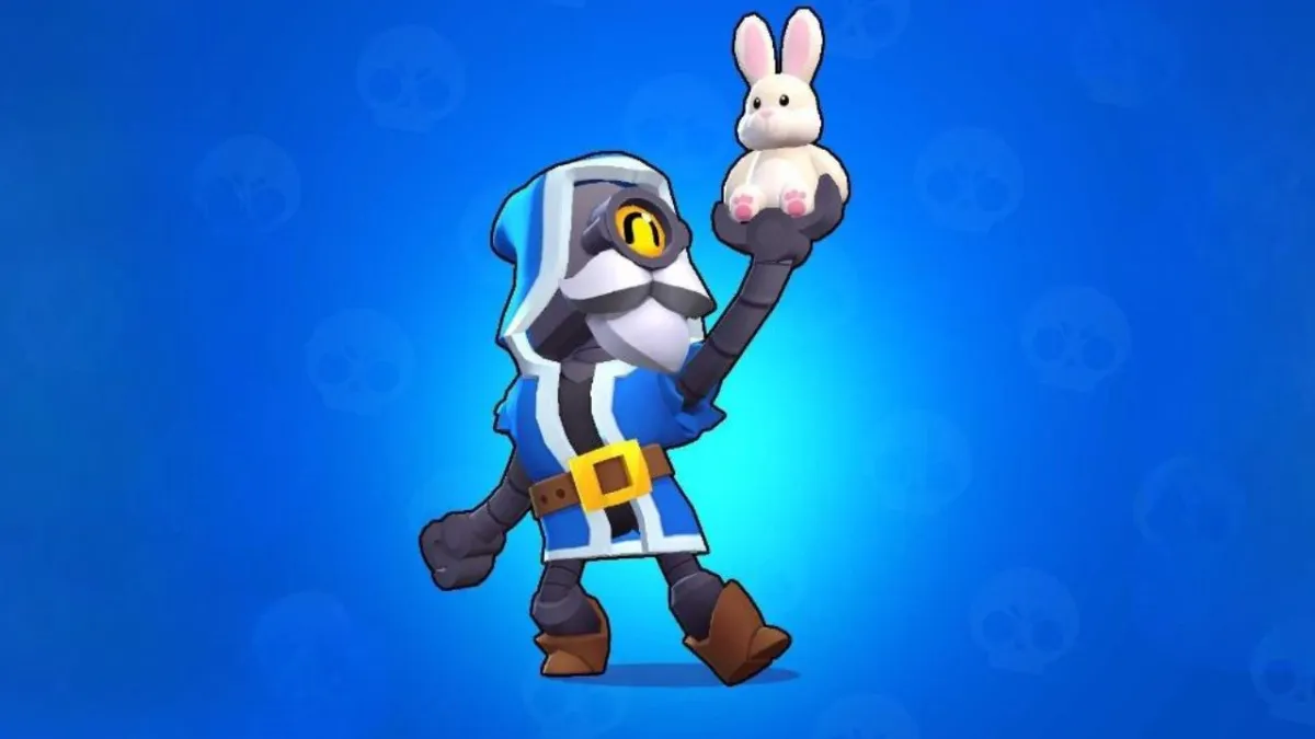 Image from Brawl Stars featuring the character Barley in a wizard skin, holding a white bunny against a blue background