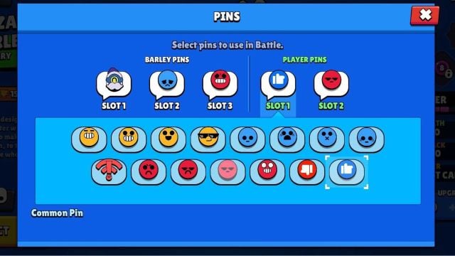 Screenshot from Brawl Stars showing the Pins selection screen. Barley Pins are in slots 1, 2, and 3, and Player Pins are in slots 1 and 2, with various emoji-like icons available for selection.