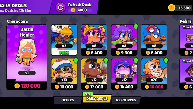 Screenshot of the daily deals shop in Squad Busters, featuring the 'Battle Healer' for 120,000 coins and various other character offers, including some marked as free.