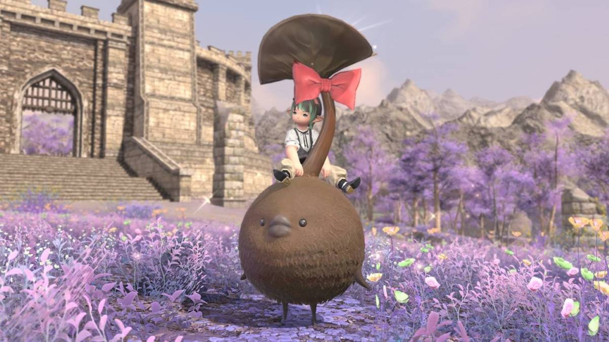 A lalafell from Final Fantasy XIV sits on the Chocorpokkur, a chocolate moss ball mount offered by the Twitch Viewer Rewards Campaign.