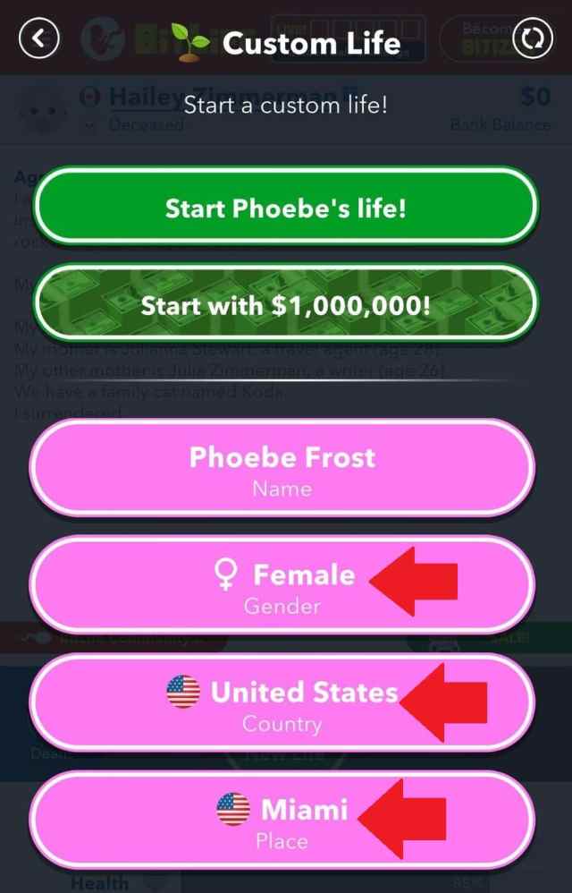 Creating a custom life in BitLife with the gender, country, and place options marked.