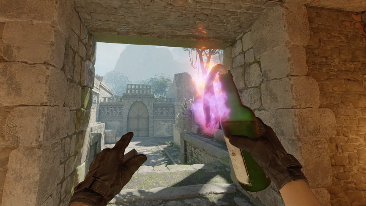 A player holds a Molotov in the mid red room of Ancient in Counter-Strike 2.
