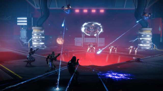 Three Guardians fight Fallen enemies in the boss room of the Fallen S.A.B.E.R. Strike in Destiny 2.