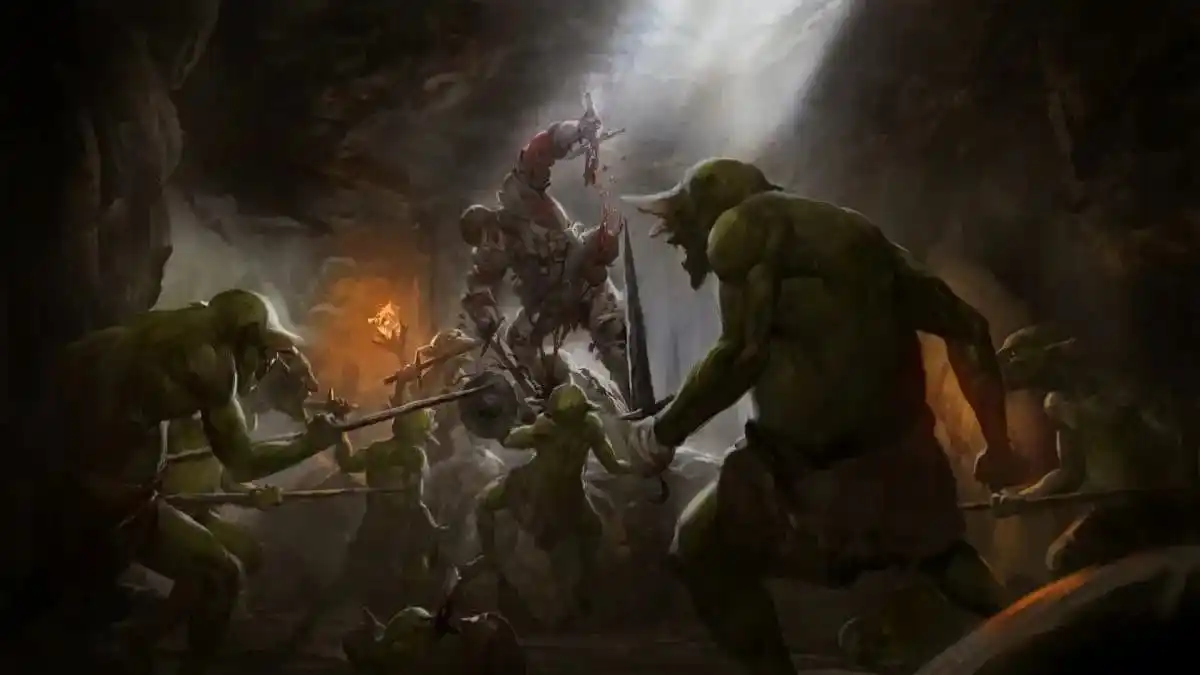 A character fighting off goblins in Dark and Darker.