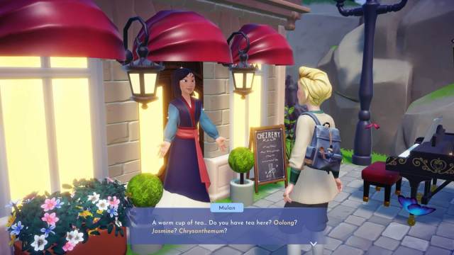 Mulan is talking to the player about tea in Disney Dreamlight Valley