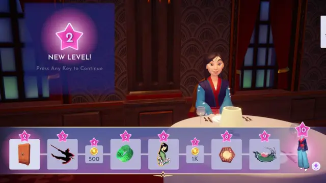 Mulan is sitting and showing her friendship level rewards