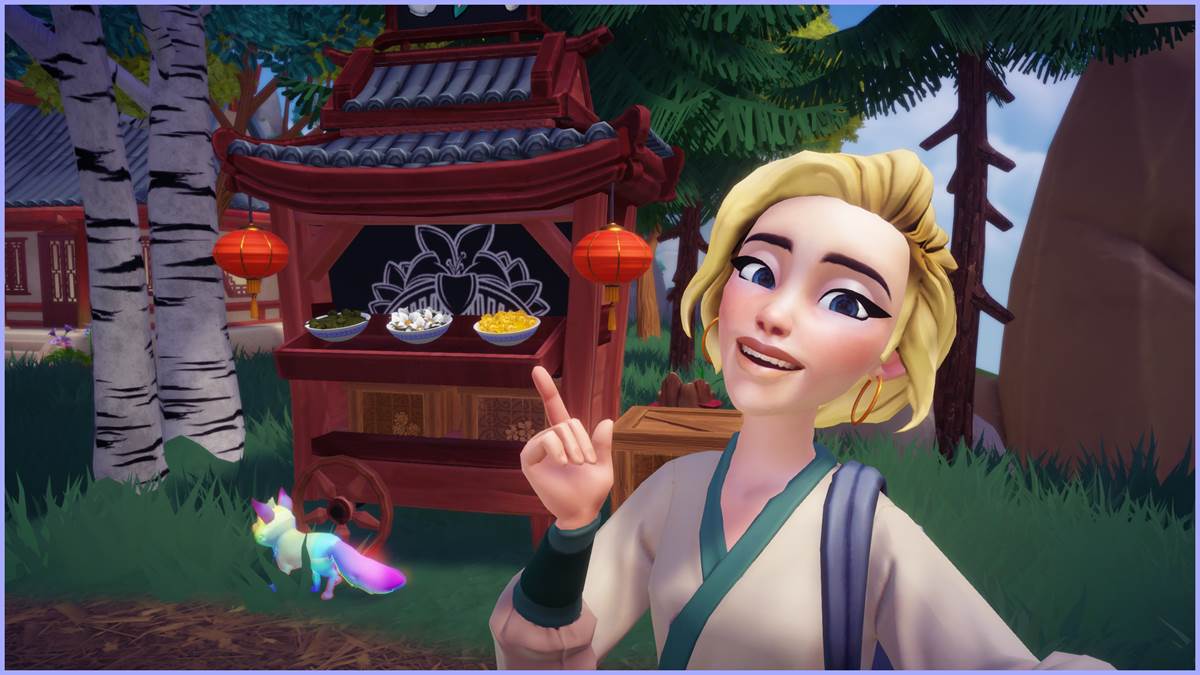 Character is doing a selfie picture with Mulan's Tea Stall