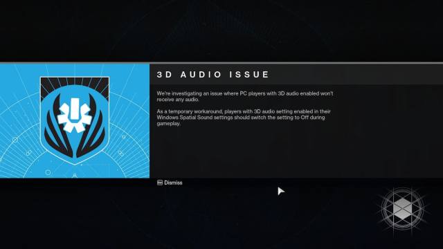3D audio issue warning in Destiny 2