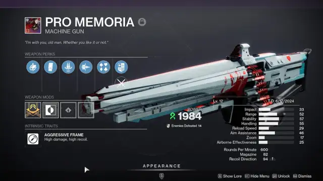 Pro Memoria god roll in Destiny 2