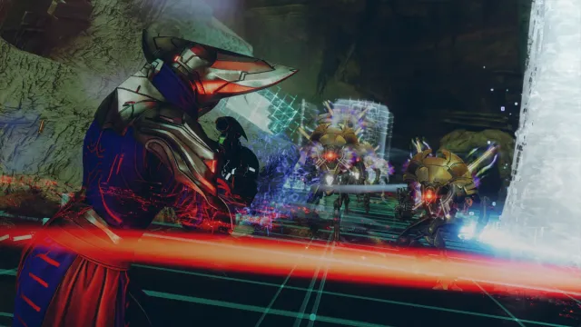 A Warlock in Vex armor fires at Vex enemies on Nessus in Destiny 2.