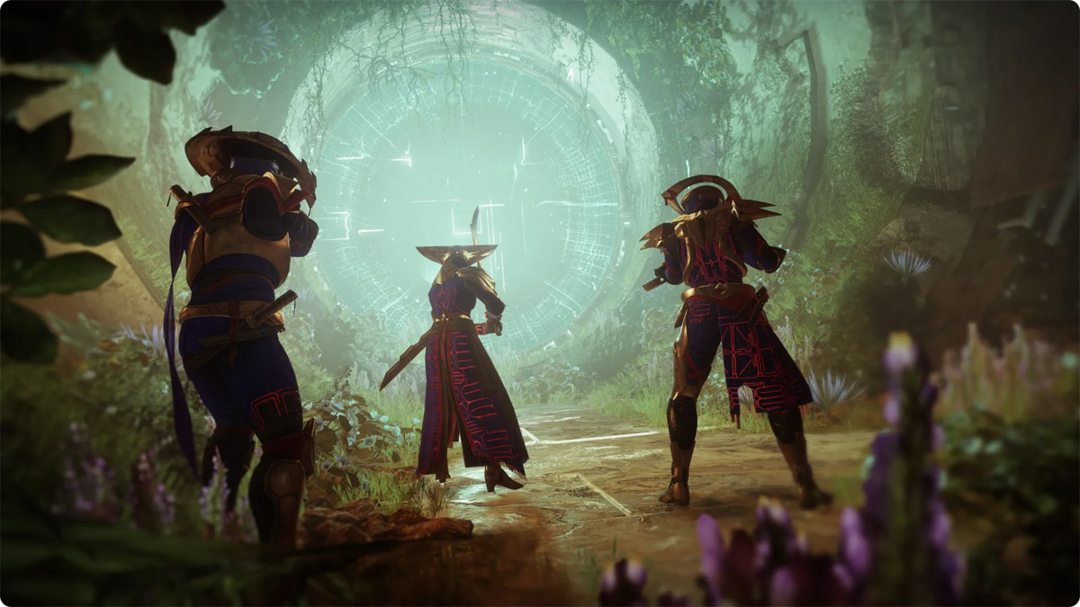 Three guardians in Vex armor prepare to enter a portal in a garden in Destiny 2.