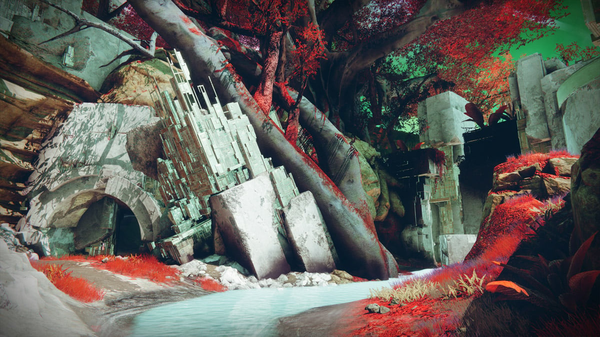 Vex-like structures overgrown by red foliage in Destiny 2.