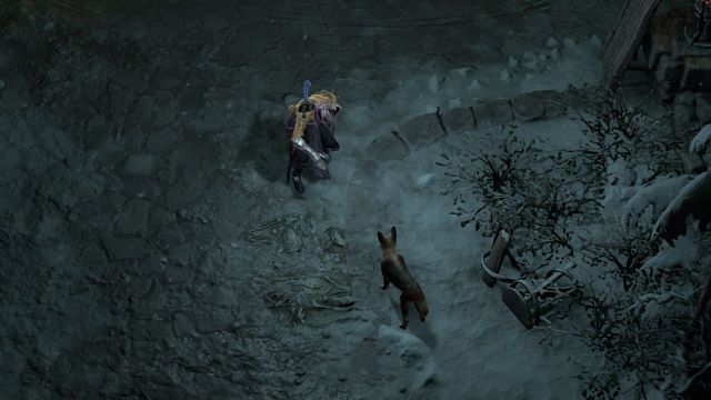Diablo 4 player bends down to pet a dog