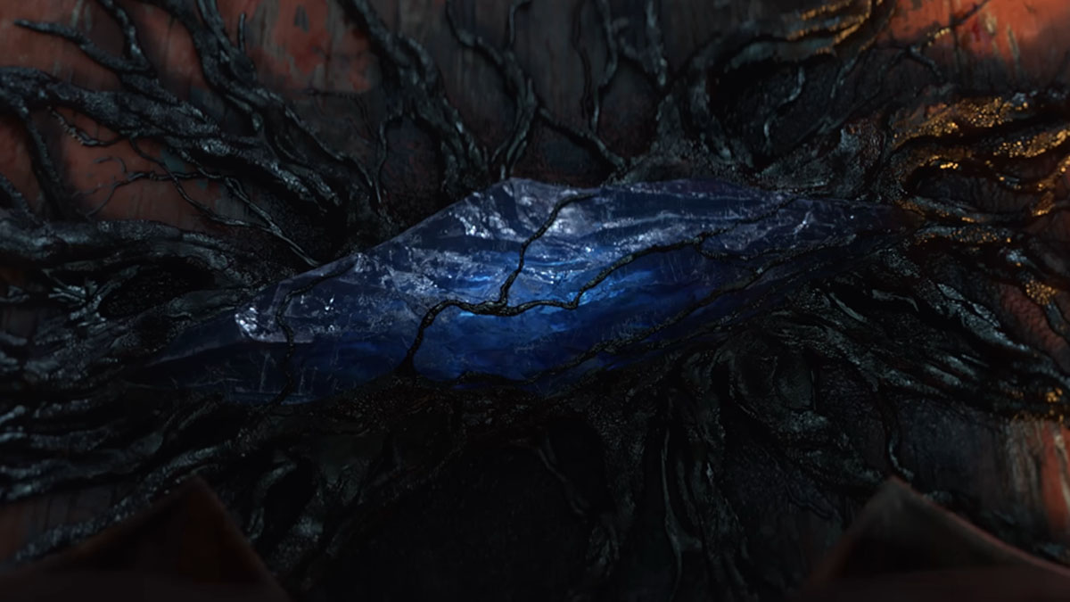 A blue stone covered in tendrils of darkness in Diablo 4.