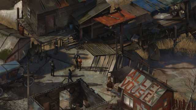 Disco Elysium screenshot featuring Harry Dubois and Kim Kitsuragi walking through the slums in Martinaise
