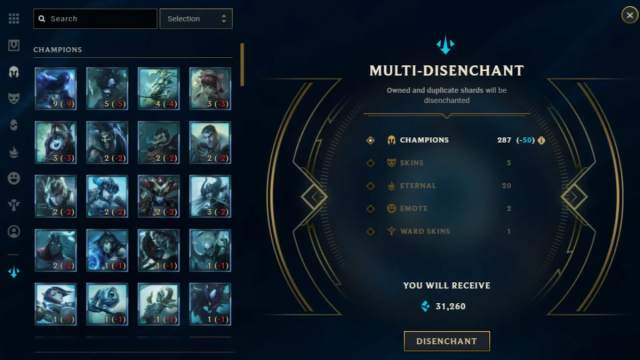 The multi-disenchant menu in League of Legends