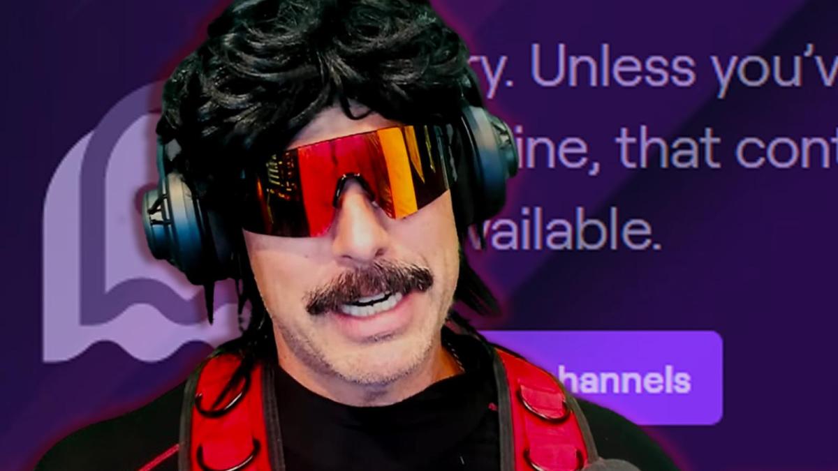Dr Disrespect talks to the camera in front of a huge Twitch ban message