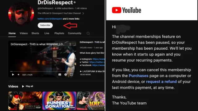 DrDisrespect's YouTube channel missing the Join button on the left and his channel members getting an email notifying them about the paused membership on the right