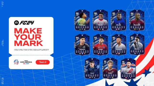 All EA FC 24 Copa America Make Your Mark Team 2 cards on a blue background with a white logo to the left