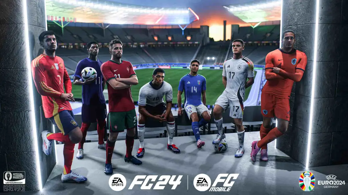 Footballers from different nations standing in a row for Euro 2024 EA FC promo