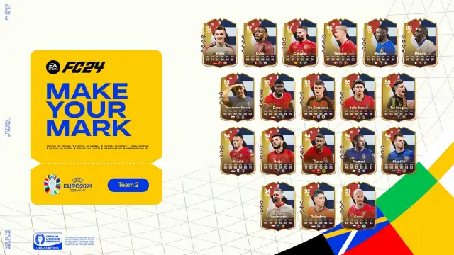All EA FC 24 Euro 2024 Make Your Mark Team 2 cards on a white background with a yellow logo to the left