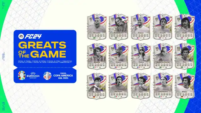 EA FC 24 Greats of the Game Icons on white background with blue logo