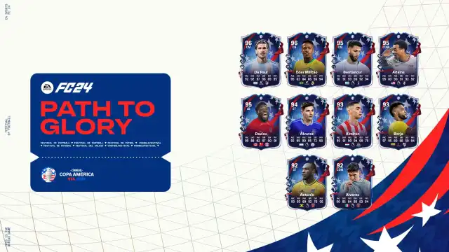All EA FC 24 Copa America Path to Glory cards on a white background with a blue logo to the left