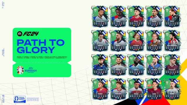 All EA FC 24 Euro 2024 Path to Glory cards on a white background with a green logo to the left