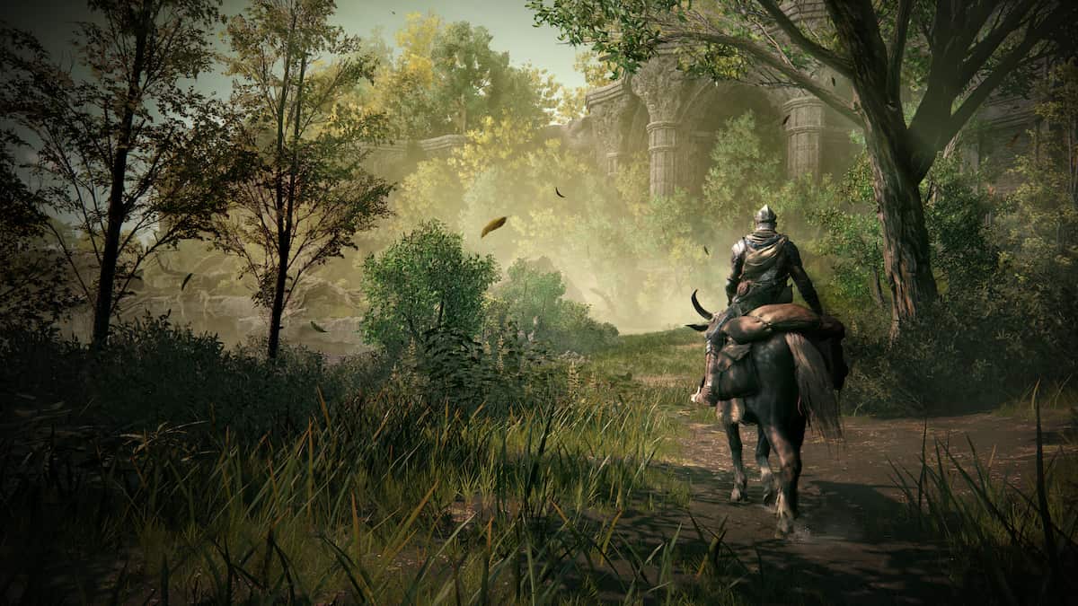 Player character riding on Torrent in a lush area in Elden Ring Shadow of the Erdtree