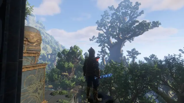 Enshrouded character is looking at a giant tree in Blackmire