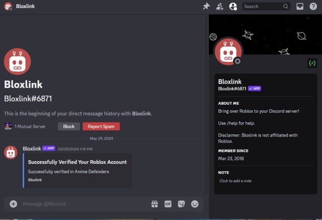 Bloxlink verification bot confirmation on Discord