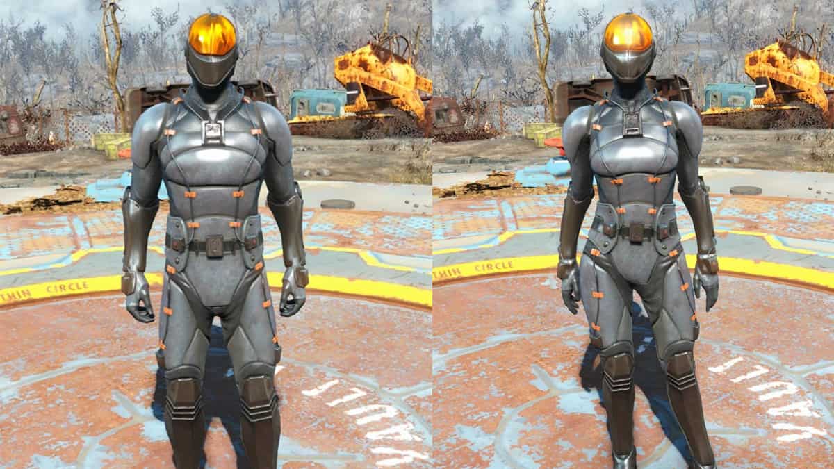The male and female versions of the Chinese Stealth Armor in Fallout 4.
